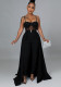Women Spring Black Formal Strap Patchwork See Through Belted Cape Jumpsuit