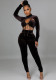 Women Spring Brown Sexy Long Sleeves Solid Velvet Hollow Out Jumpsuit