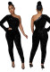 Women Spring Black Formal One Shoulder Single Sleeve Sequined Skinny Jumpsuit