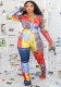 Women Spring Printed Casual Turn-down Collar Full Sleeves Color Blocking Zippers Regular Jumpsuit