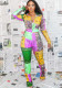 Women Spring Printed Casual Turn-down Collar Full Sleeves Color Blocking Zippers Regular Jumpsuit