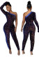 Women Spring Purple Sexy One Shoulder Single Sleeve Sequined Skinny Jumpsuit