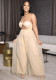 Women Summer Beige Sexy Strap Sleeveless Solid Mesh Hollow Out Full Length Loose Jumpsuit