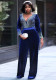 Women Spring Blue Formal V-neck Full Sleeves Velvet Beading Loose Jumpsuit
