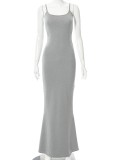 Women Summer Grey Romantic Straps Sleeveless Solid Slim Maxi Dress