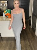 Women Summer Grey Romantic Straps Sleeveless Solid Slim Maxi Dress