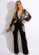 Women Spring Black Sexy V-neck Full Sleeves Patchwork Sequined Full Length Regular Jumpsuit