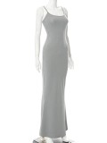Women Summer Grey Romantic Straps Sleeveless Solid Slim Maxi Dress