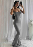 Women Summer Grey Romantic Straps Sleeveless Solid Slim Maxi Dress