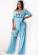 Women Summer Blue Casual O-Neck Short Sleeves Letter Print Jumpsuit