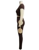 Women Summer Brown Sexy V-neck Short Sleeves High Waist Solid Hollow Out Skinny Two Piece Pants Set