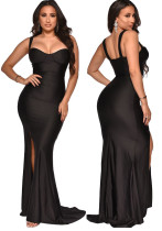 Women Summer Black Modest Strap Sleeveless Solid Silt Evening Dress