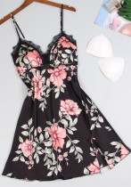 Women Summer Black Lolita Style Floral Satin Two Piece Sleepwear Women Summer Black Lolita Style Floral Satin Two Piece Sleepwear