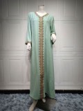 Women Spring Green Tape Print Embroidery Islamic Clothing Kaftan Abaya Muslim Dress