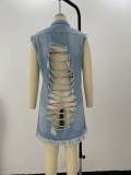Women Spring Blue Sleeveless Denim Ripped Long Jacket