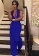 Women Summer Blue Formal Halter Sleeveless Solid Backless Jumpsuit