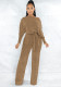 Women Spring Khaki Modest Slash Neck Full Sleeves Solid Belted Jumpsuit