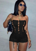 Women Summer Black Sexy Off-the-shoulder Sleeveless Solid Bandage Rompers