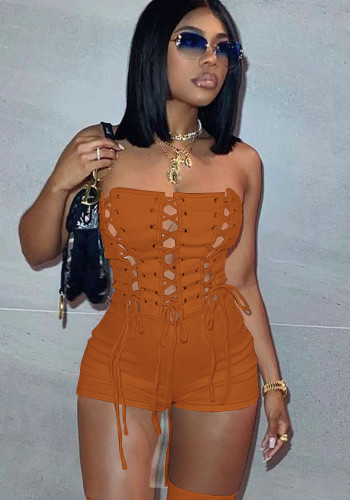 Women Summer Orange Sexy Off-the-shoulder Sleeveless Bandage Rompers
