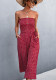 Women Summer Burgunry Romantic Strapless Dot Print Belted Loose Jumpsuit