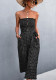 Women Summer Black Vintage Strapless Dot Print Belted Loose Jumpsuit