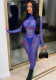 Women Summer Blue Sexy O-Neck Full Sleeves Mesh Skinny Jumpsuit