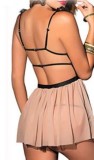 Women Beige Mesh Lace Babydoll Lingerie Set