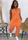 Women Summer Orange Casual V-neck Sleeveless Solid Pockets Full Length Loose Jumpsuit