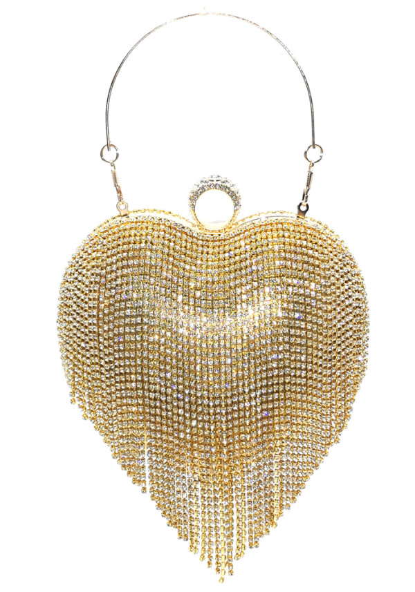 Women Elegant Golden Evening Dinner Tassels Rhinestone Love Shape Handbag