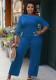 Women Spring Blue Formal Slash Neck Three Quarter Sleeves Solid Jumpsuit