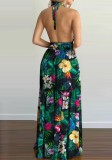 Women Summer Green Sexy Halter Sleeveless Floral Print Backless Holidays Long Dress