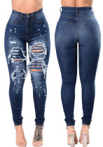 Women Spring Dark Blue Straight High Waist Solid Ripped Full Length Skinny Jeans Pants Women Spring Dark Blue Straight High Waist Solid Ripped Full Length Skinny Jeans Pants