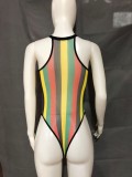 Women Summer Black Sexy Halter Sleeveless Striped Print Sheer Bodysuit
