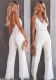 Women Summer White Elegant V-neck Sleeveless Solid Lace Backless Full Length Regular Straps Rompers