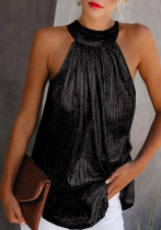 Women Summer Black Romantic O-Neck Sleeveless Solid Regular Tops