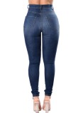 Women Spring Dark Blue Straight High Waist Solid Ripped Full Length Skinny Jeans Pants
