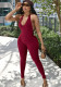 Women Summer Burgunry Sexy Halter Sleeveless Solid Backless Full Length Skinny Jumpsuit
