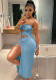 Women Summer Blue Sexy Off-the-shoulder Hollow Out Slit Long Dress