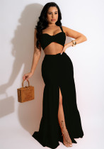 Women Summer Black Sexy Sleeveless Crop Top Solid Slit Long DressTwo Piece Set Women Summer Black Sexy Sleeveless Crop Top Solid Slit Long DressTwo Piece Set