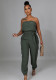 Women Summer Green Casual Strapless Solid Belted Loose Jumpsuit