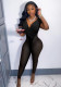 Women Summer Black Sexy V-neck Sleeveless Solid Patchwork Ruched Full Length Skinny Jumpsuit