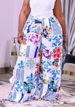 Women Summer Printed Wide Leg Pants High Waist Elastic Waist Letter Print Pockets Full Length Loose Pants