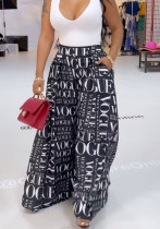 Women Summer Printed Wide Leg Pants High Waist Elastic Waist Floral Print Pockets Full Length Loose Pants