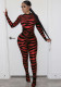 Women Spring Red Casual O-Neck Full Sleeves Striped Print Chiffon Full Length Skinny Jumpsuit