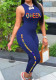 Women Summer Blue Casual Sleeveless Letter Print Full Length Regular Jumpsuit