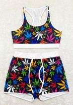 Women Summer Printed Sleeveless High Waist Floral Print Yoga Sets