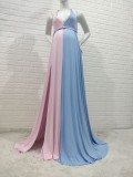 Women Summer Pink Sweet V-neck Sleeveless Color Blocking Lace Maternity Dress