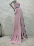 Women Summer Pink Sweet V-neck Sleeveless Color Blocking Lace Maternity Dress