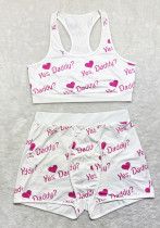 Women Summer White Sleeveless High Waist Letter Print Yoga Sets