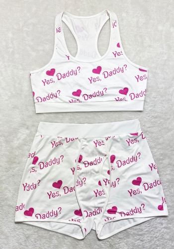 Women Summer White Sleeveless High Waist Letter Print Yoga Sets